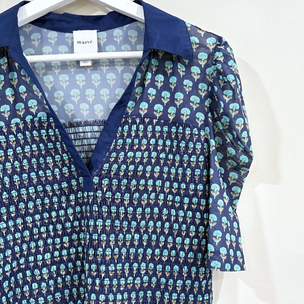 Maeve Anthropologie Navy Print Peplum Top Women’s Large Short Sleeve Boho Y2K - Picture 4 of 9